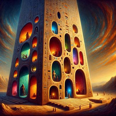 The primary subject of the image is a tall, multi-colored tower with many windows. The tower is made of stone and has a unique, intricate design. The setting is a desert landscape, with a sky visible in the background. The visual style is a digital art or illustration, showcasing the tower's architectural details and the surrounding environment. The colors and mood of the image are vibrant and dramatic, with the tower standing out against the desert backdrop.